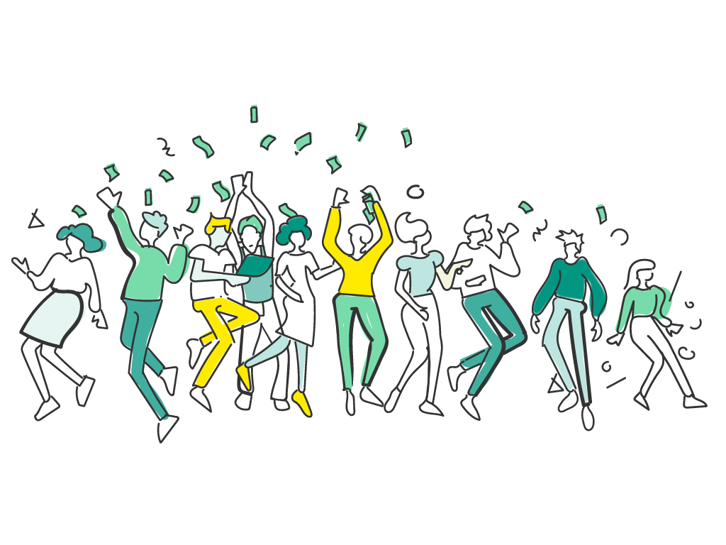 Illustration einer Gruppe von Menschen, die feiern, tanzen und Geld in die Luft werfen.