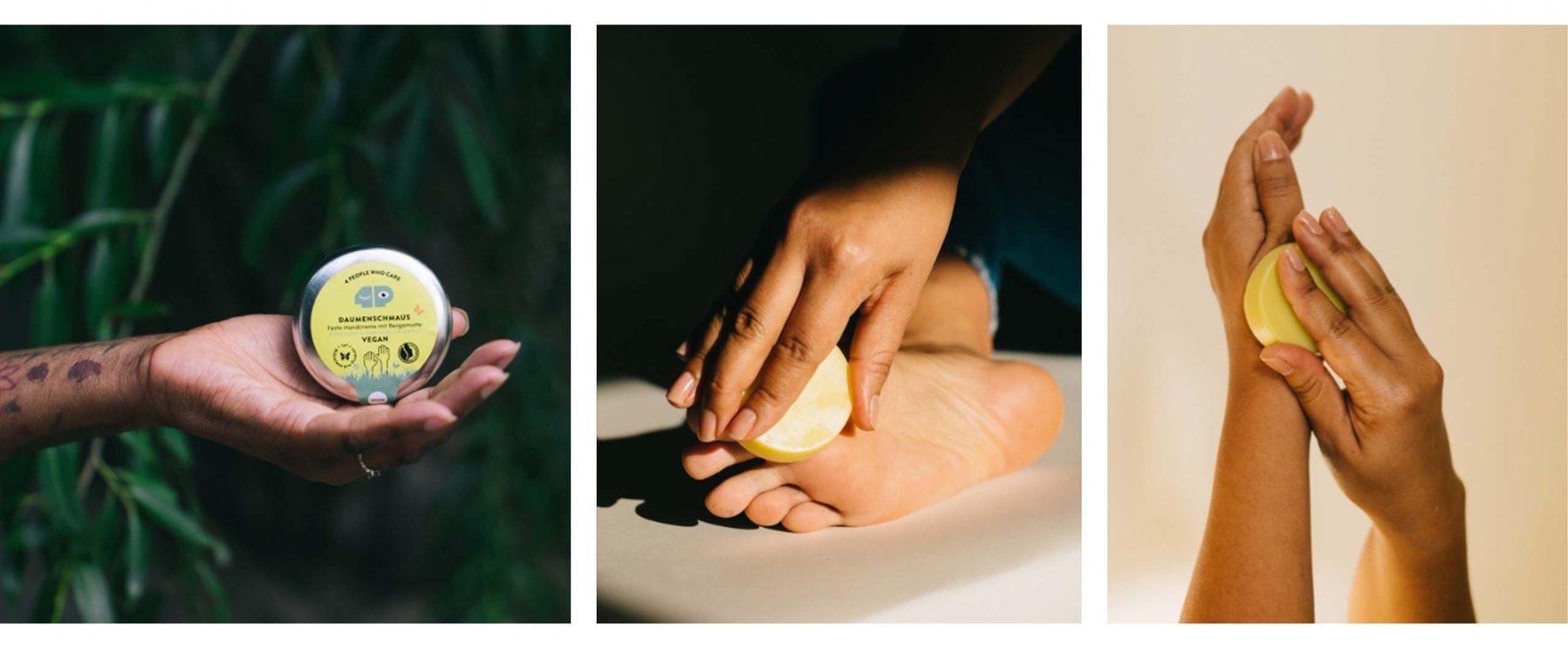 Drei Bilder: Eine Hand hält eine Dose Balsam, eine Person trägt Balsam auf ihren Fuß auf und eine andere Person verreibt Balsam zwischen ihren Händen.