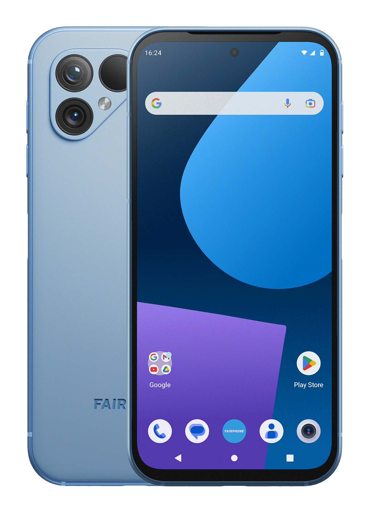 Produktbild des Fairphone 5 in blau, von vorne und hinten sich überlappend abgebildet